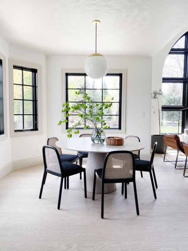 Dining Set Modern Cane Chairs Matte Black Frames Pedestal Base