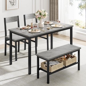 Dining Set: Modern Industrial, Grey Wood, Black Metal, Bench with Shelf