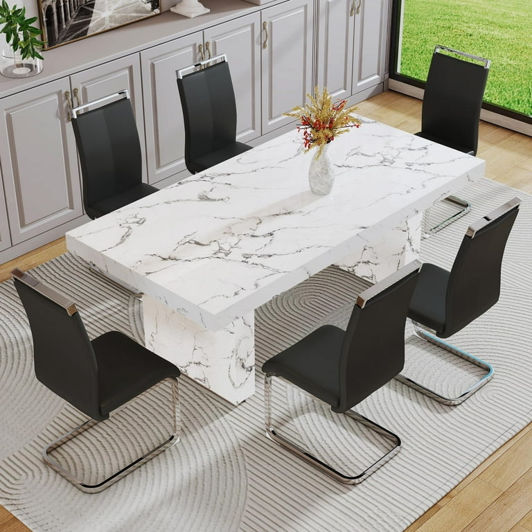 Dining Set: Monochrome Marble Pedestal & Cantilever Chairs