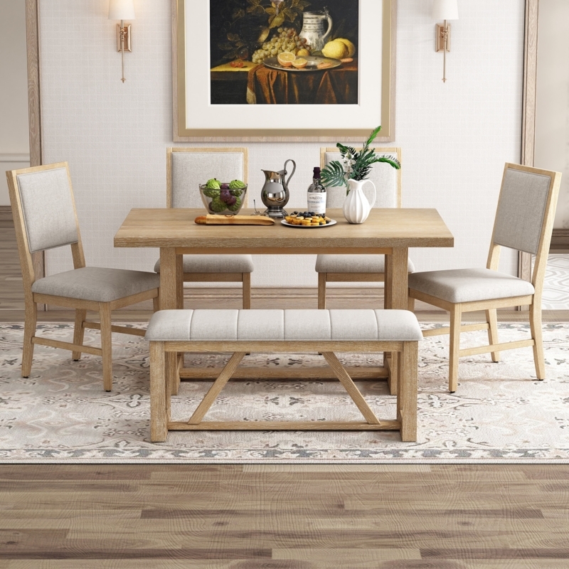 Dining Set: Natural Wood, Trestle Bench, Oatmeal Beige Padded Chairs
