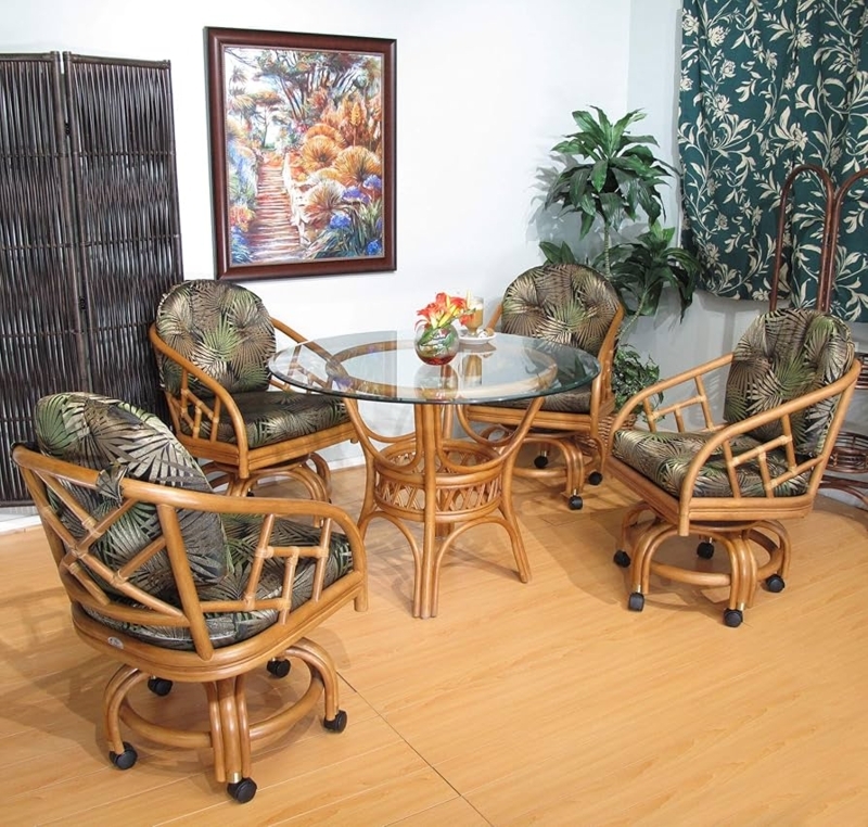 Dining Set Rattan Barrel Back Swivel Chairs Tropical Leaf Pattern