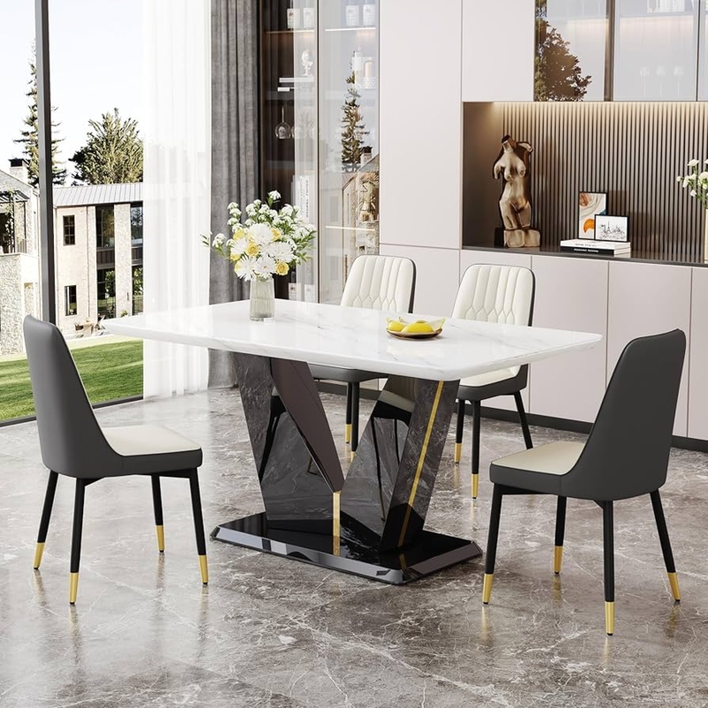 Dining Set Rectangular with Geometric V-Shaped Base and Gold Tipped Legs