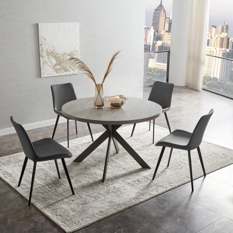 Dining Set Round Gray Top Spider Leg Base Charcoal PU Chairs