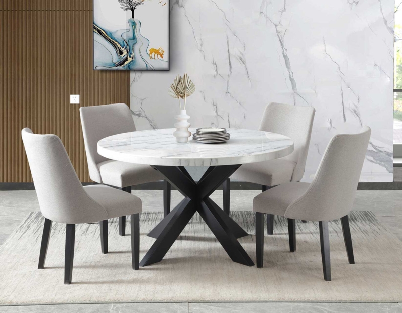 Dining Set: Round Marble Table with X-Shaped Base
