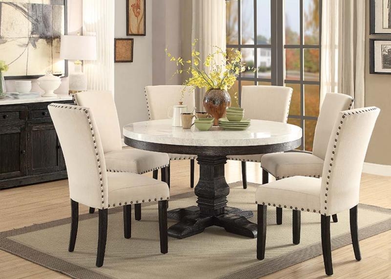 Dining Set Round Marble Top with Nailhead Upholstered Chairs