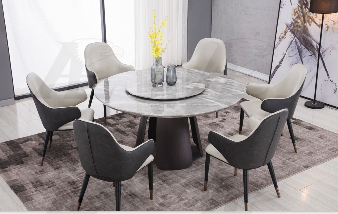 Dining Set Round Stone-Look Table with Two-Tone Upholstered Chairs