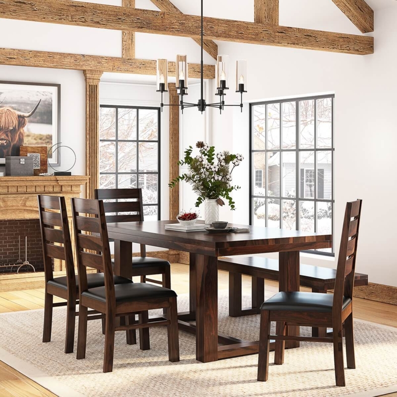 Dining Set: Rustic Dark Walnut, Ladder Back Chairs, Matching Bench