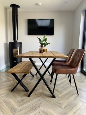 Dining Set Rustic X-Frame Legs Plank Top Cognac Brown Tufted Chairs