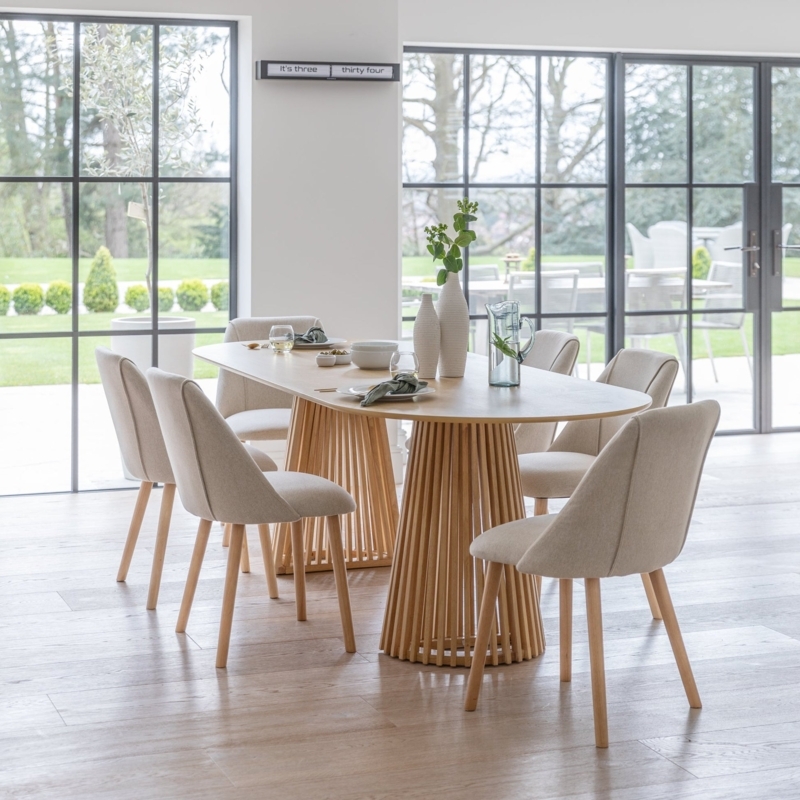 Dining Set Slatted Pedestal Base Oval Table with Oatmeal Chairs