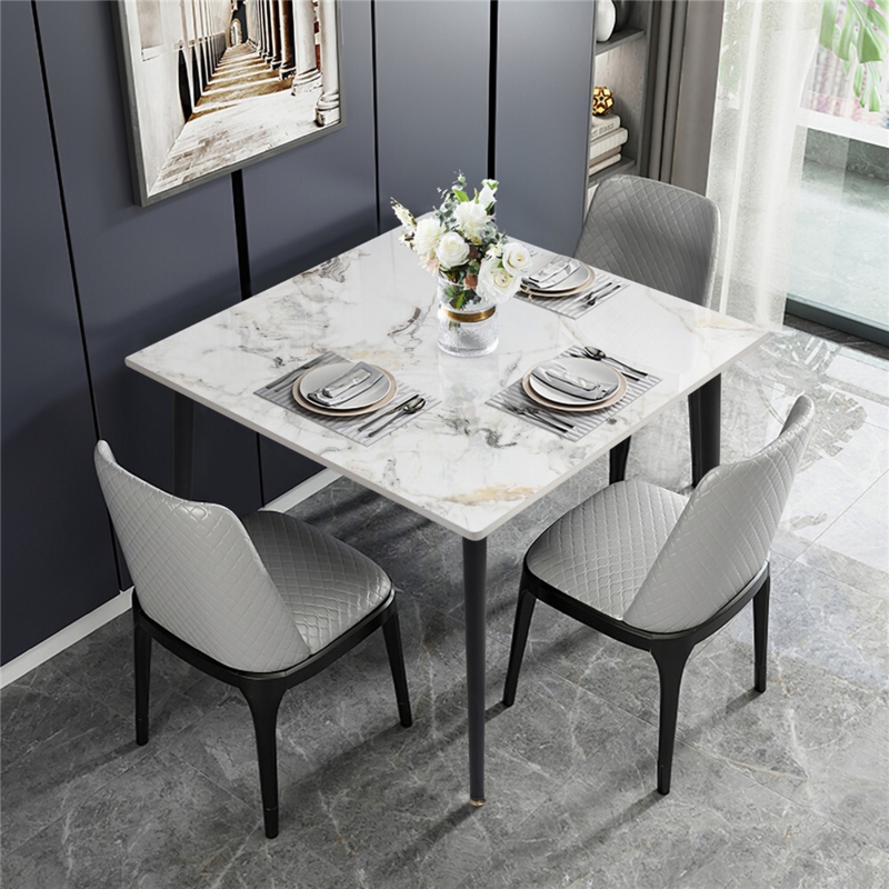 Dining Set Square Marble Top with Diamond Quilted Chairs and Gold Caps