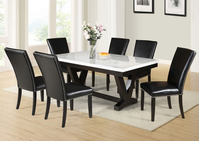 Dining Set: Stone-Like Top, Trestle Base, Black Chairs with Nailhead Trim