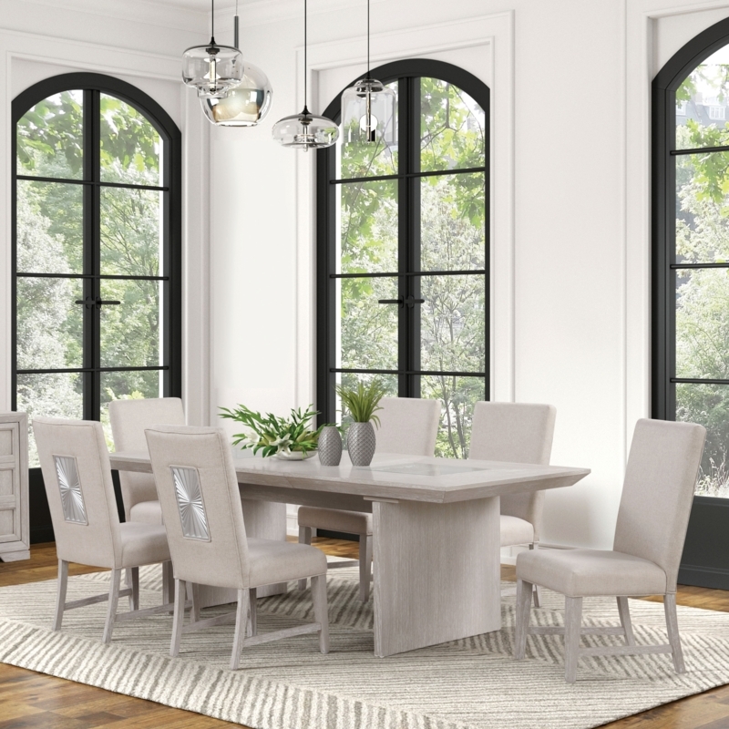 Dining Set Sunburst Pattern Insert Light Grey Wood Slab Pedestal
