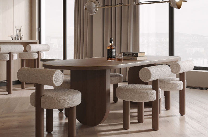 Dining Set T-Back Bouclé Chairs and Oval Walnut Wood Table
