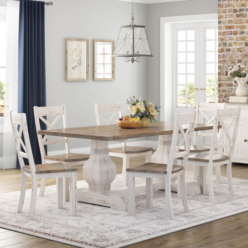 Dining Set Teak Wood Table Two Tone X-Back Chairs Distressed