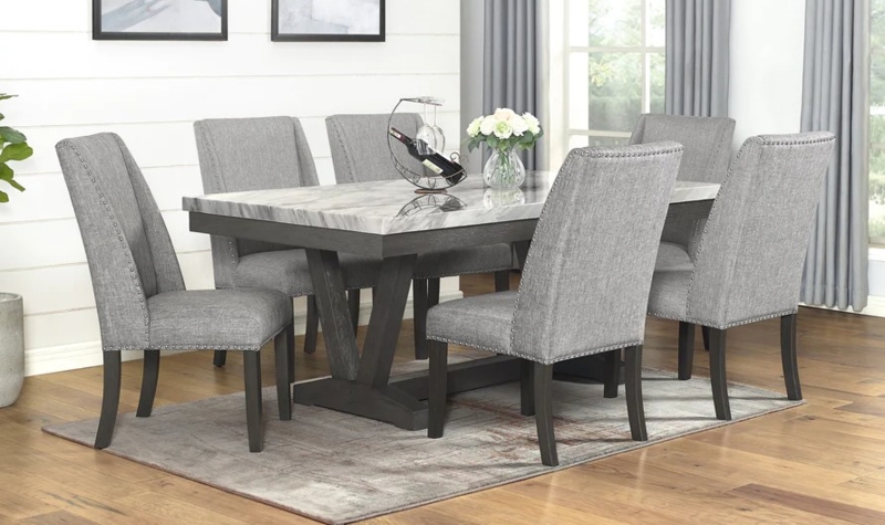Dining Set Trestle Base Nailhead Trim Faux Marble Top