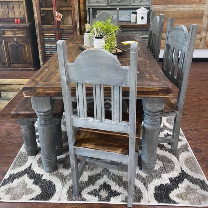 Dining Set Two Tone Gray Walnut Brown Turned Baluster Legs