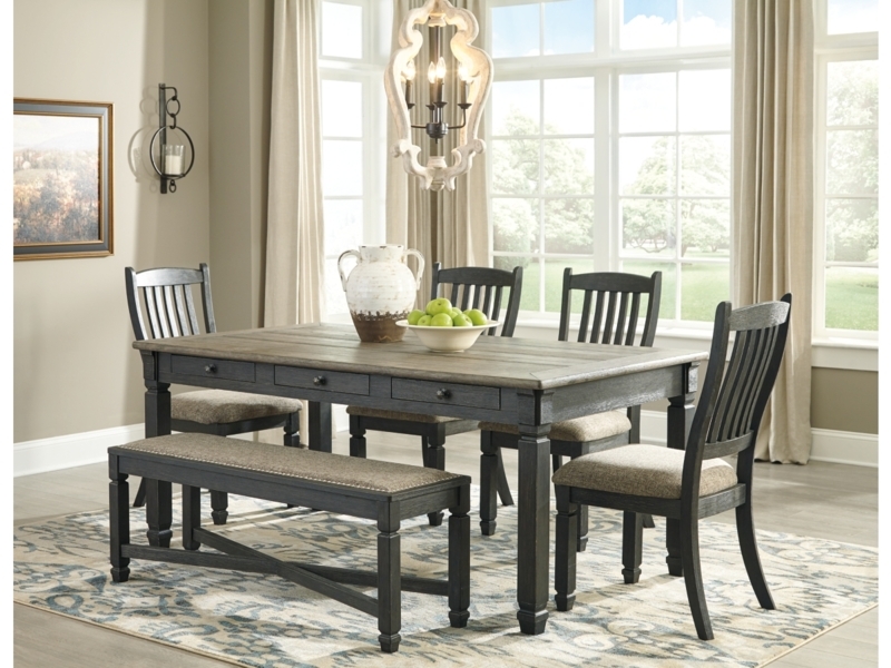 Dining Set: Two-Tone Weathered Gray, Built-in Drawers, X-Brace Base