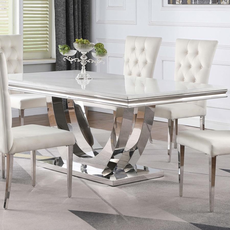 Dining Set: U-Shaped Chrome Pedestal & Tufted White Chairs