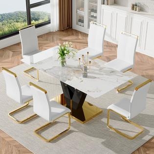 Dining Set: V-Pedestal Table & Gold Cantilever Chairs