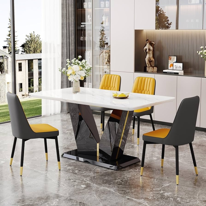 Dining Set: V-Shaped Pedestal Table, Two-Tone Chairs