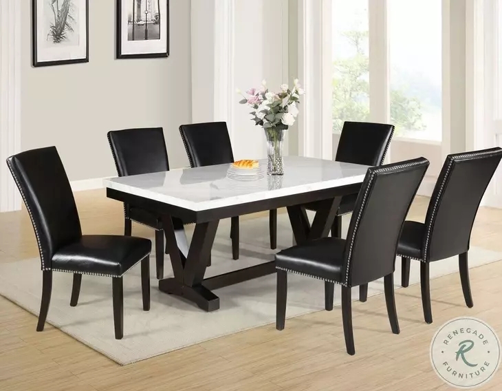 Dining Set: V-Shaped Trestle Base & Nailhead Trim Chairs