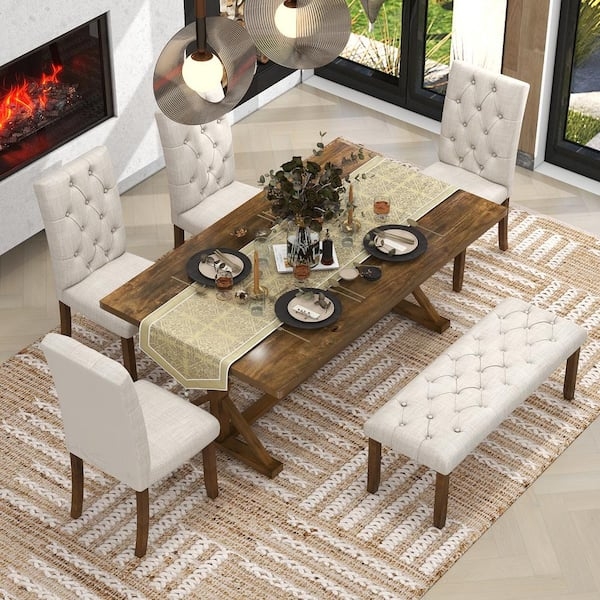 Dining Set: Walnut Brown, X-Trestle Base, Button Tufted Upholstery