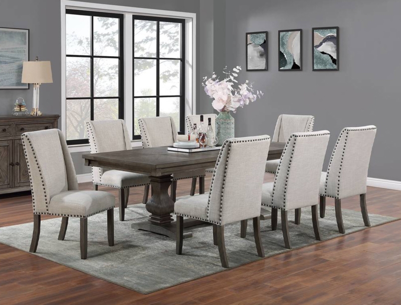 Dining Set Weathered Gray Oak Nailhead Trim Thick Pedestal Base