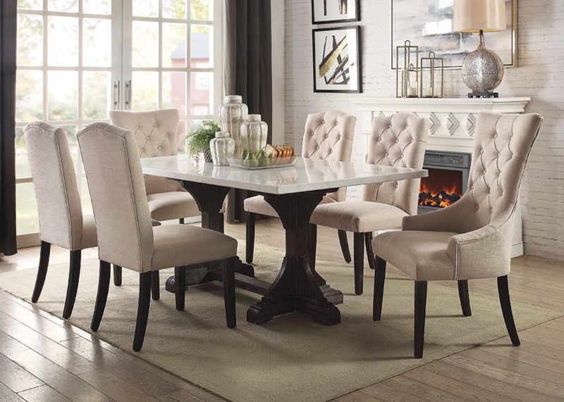 Dining Set with Marble Top Trestle Base and Button Tufted Upholstery