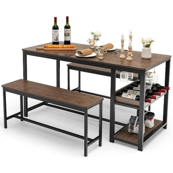 Dining Set with Nesting Benches and Industrial Wine Storage Base