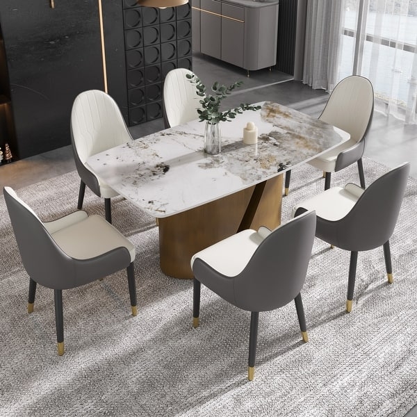 Dining Set with Sintered Stone Top and Gold Pedestal Base