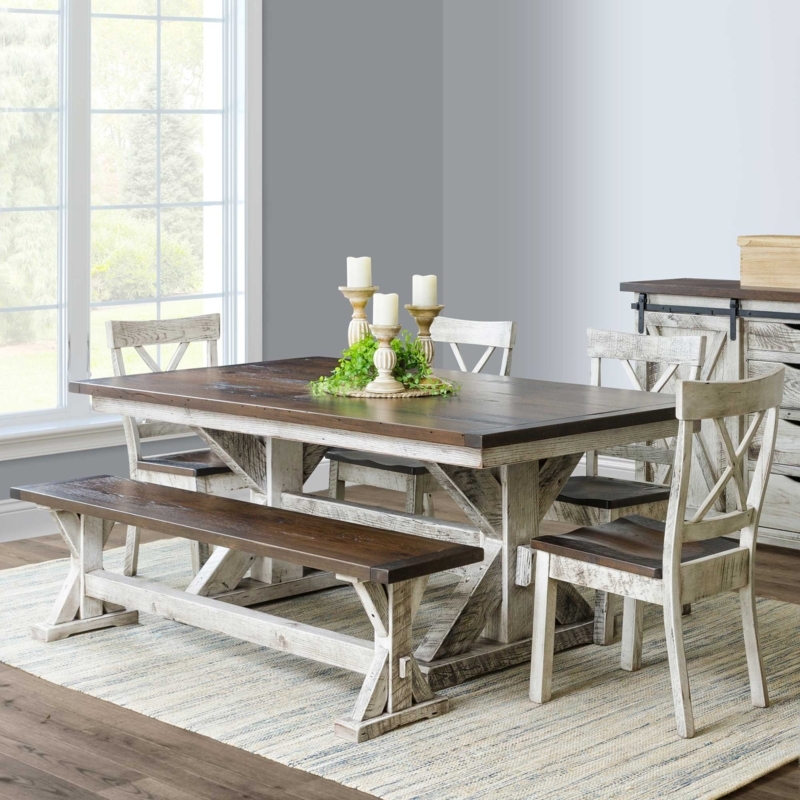Dining Set X-Brace Trestle Distressed Whitewash Bench Seating