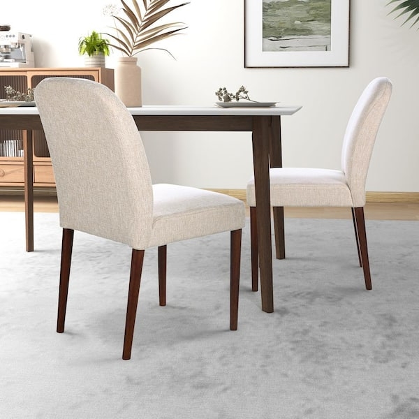 Dining Side Chair Armless with Warm Beige Woven Fabric Upholstery