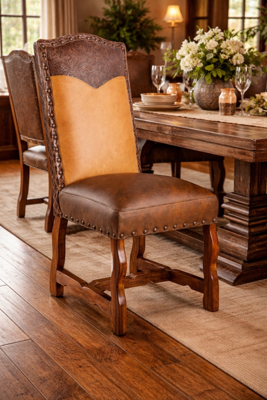 Dining Side Chair Tooled Leather Pattern Two Tone Western Scalloped
