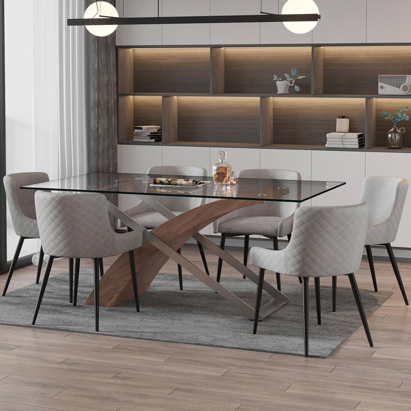 Dining Table Asymmetric Curved Wood Steel Base Glass Top Modern