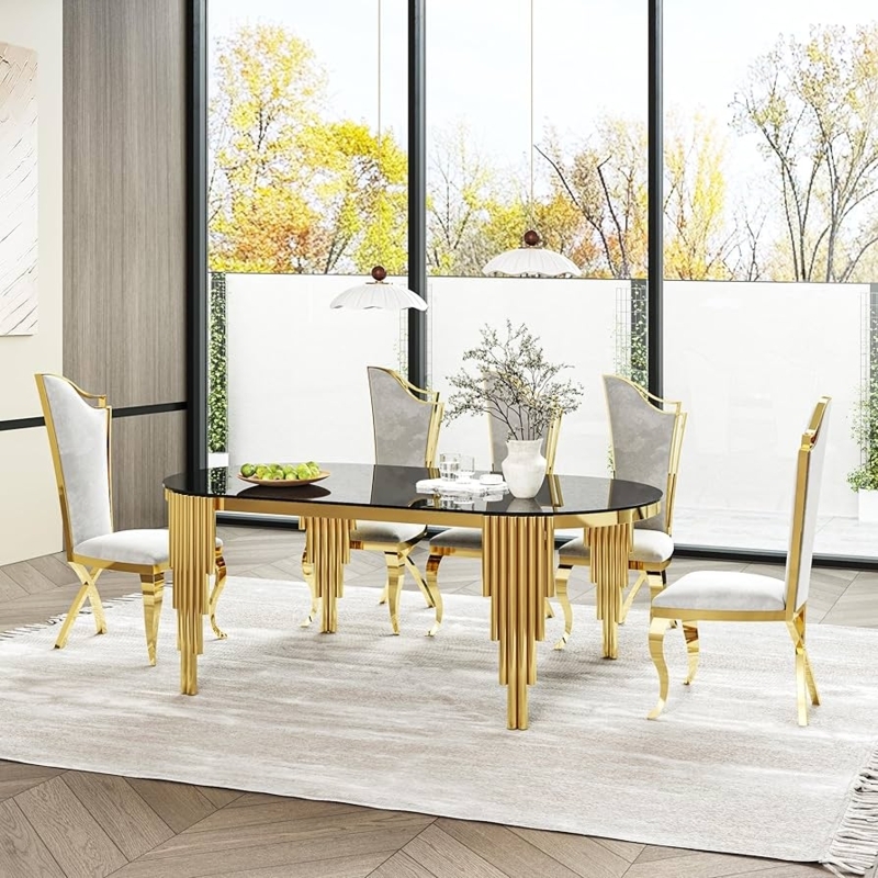 Dining Table Black Glass Gold Stepped Legs Waterfall Base Art Deco