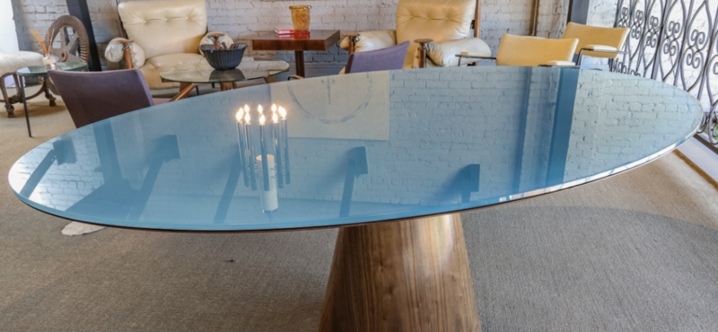 Dining Table Blue Tinted Glass Conical Walnut Pedestal Base