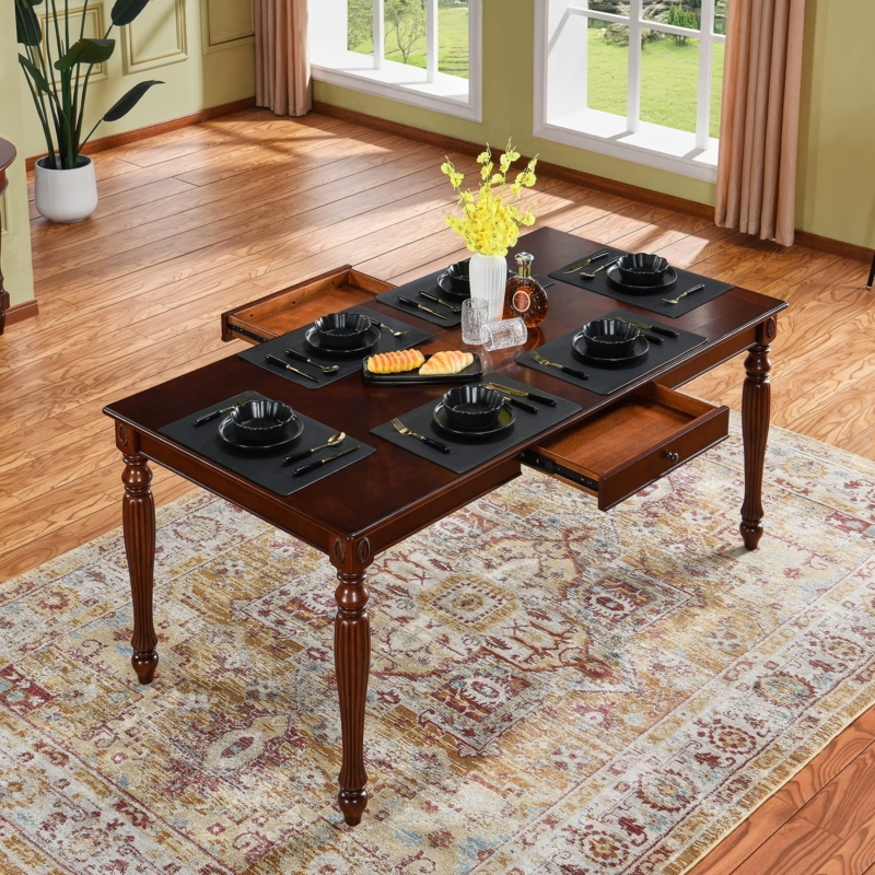 Dining Table Cherry Brown Polished Finish Fluted Legs and Ball Feet