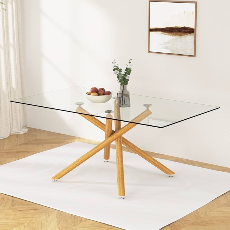 Dining Table Criss Cross Base Wood Tone Metal Glass Top Mid Century