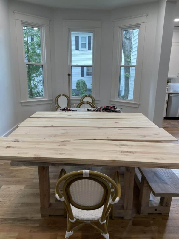 Dining Table: DIY Unfinished Wide Plank Top with Woven Bistro Seating Mix
