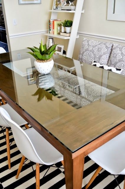 Dining Table Eiffel Legs Wood Base Glass Top Mid Century Modern Scandi