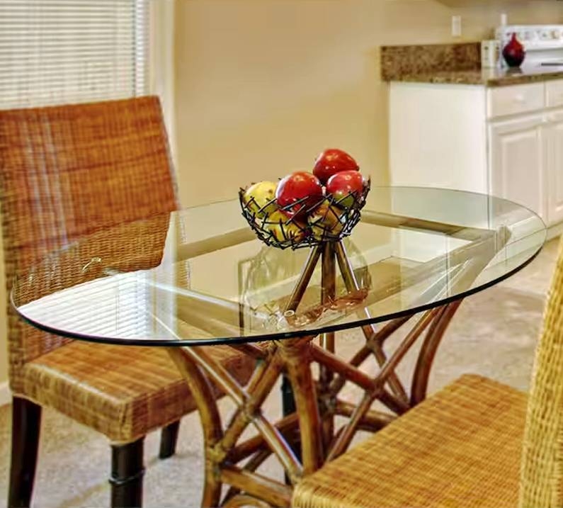 Dining Table Elliptical Tempered Glass Top Woven Rattan Base Coastal