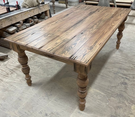 Dining Table Farmhouse Chunky Bulbous Legs High Contrast Wood Grain