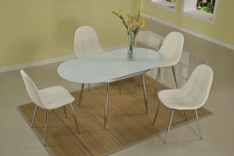 Dining Table Frosted Glass Extendable Leaf Silver Metal Tapered Legs