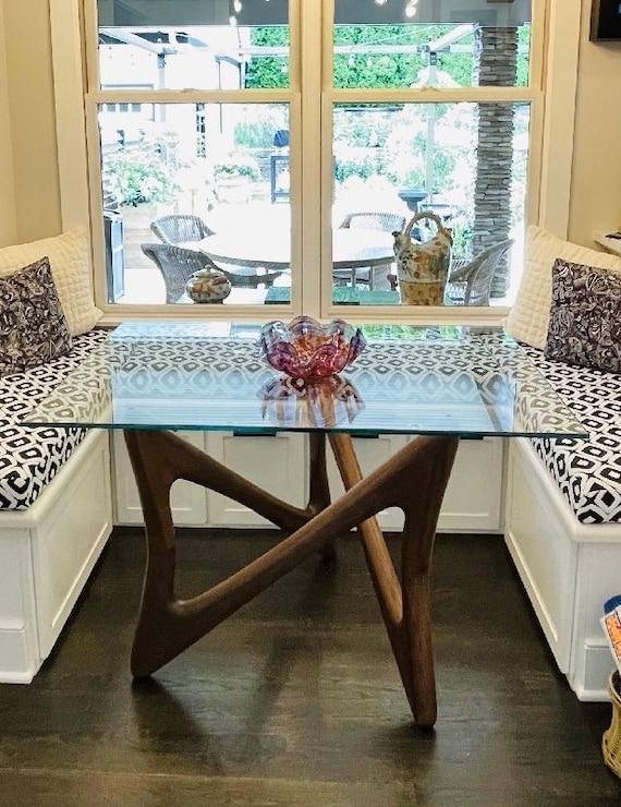 Dining Table Geometric Legs Sculptural Wood Base Glass Top Small Space