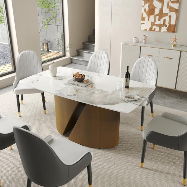 Dining Table Geometric Wood Toned Pedestal with Ribbed Backrest Chairs