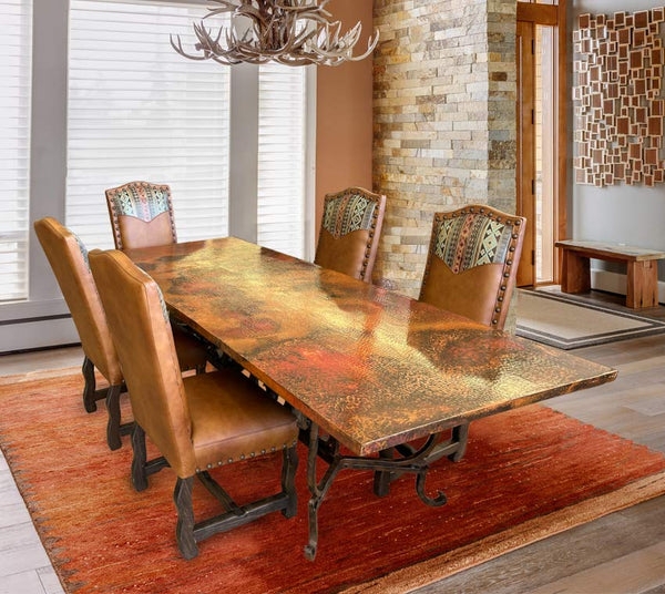 Dining Table: Hammered Copper Top, Lyre Iron Base, Southwestern Upholstery