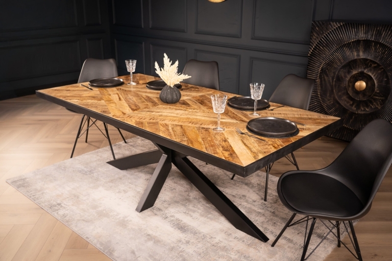 Dining Table Herringbone Top Starburst Base Matte Black Metal