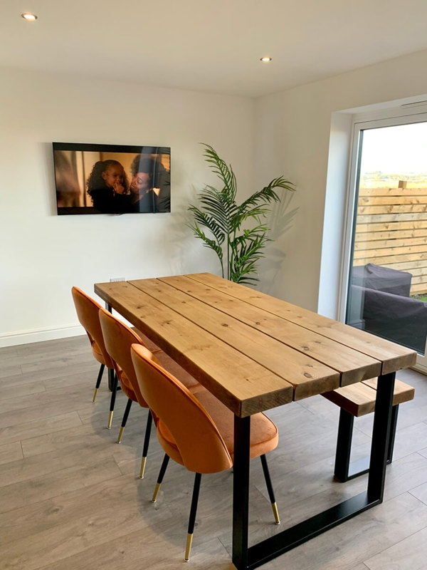 Dining Table Industrial Plank Top Burnt Orange Velvet Chairs