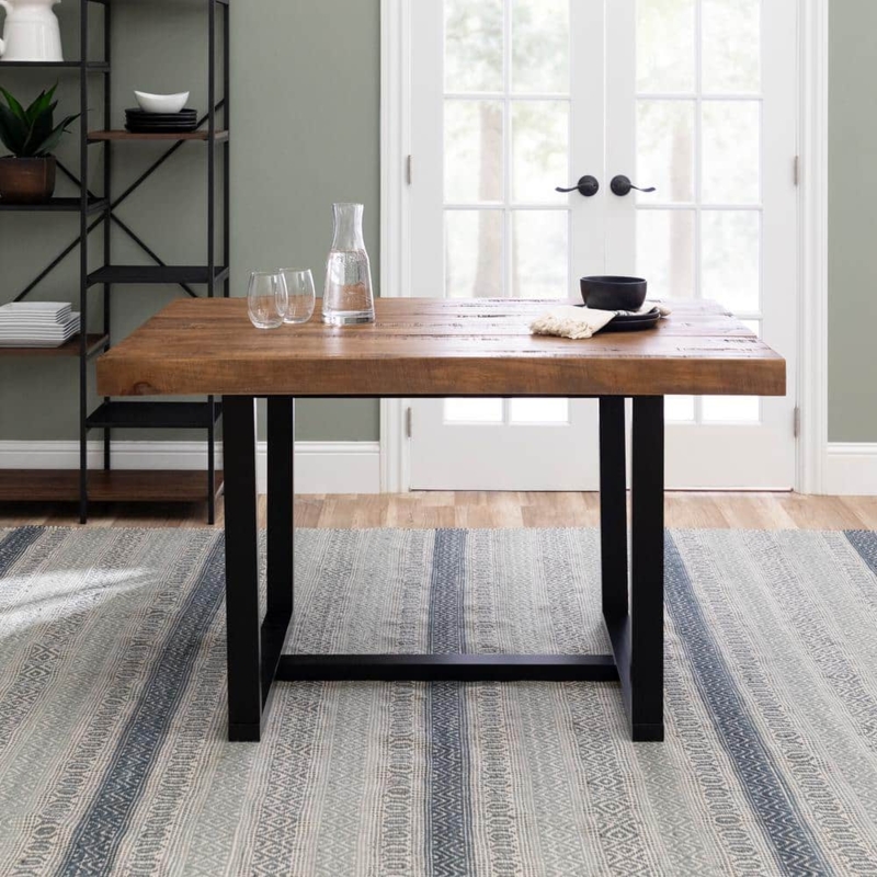 Dining Table Industrial Sled Legs Distressed Honey Brown Wood Thick Top