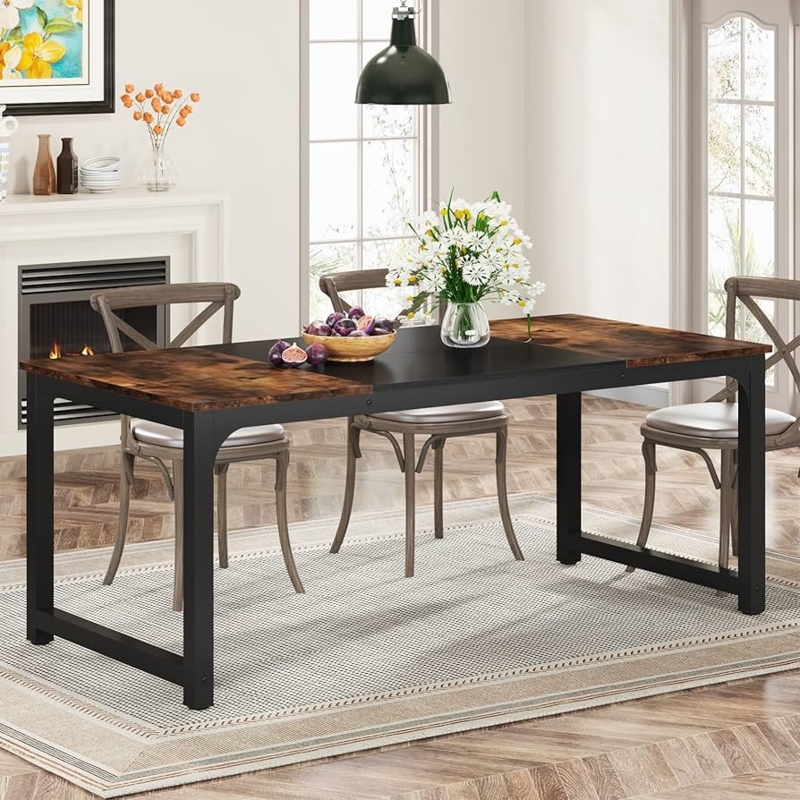 Dining Table Industrial Three Panel Matte Black Center Heavy Duty Frame